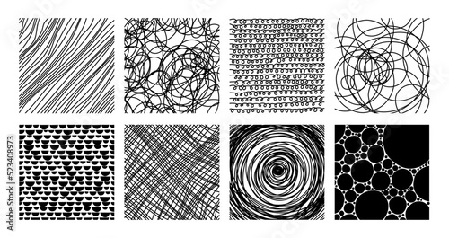 Outline abstract shapes, lines, dots and squiggly patterns. Doodle handwriting hatching elements flat vector illustration set. Hand drawn line backgrounds