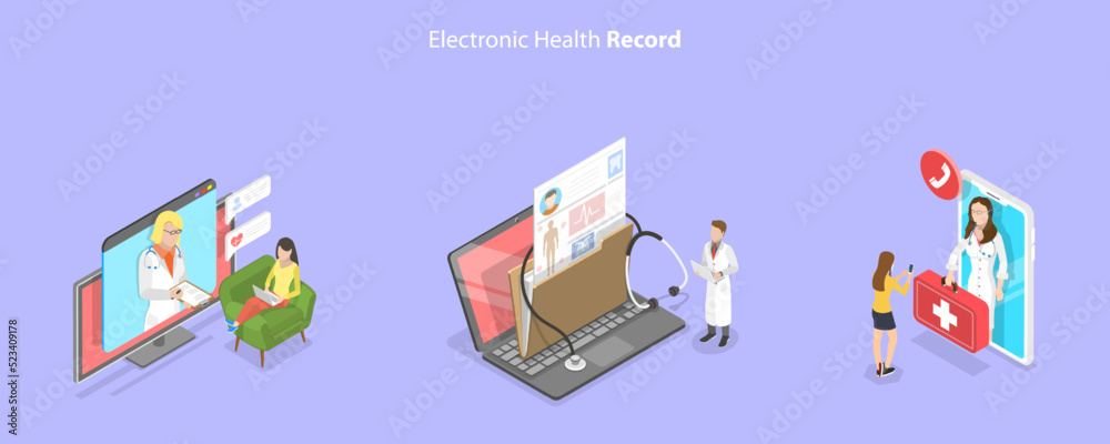 3D Isometric Flat Vector Conceptual Illustration of Electronic Health Record, Modern Technology in Hospital