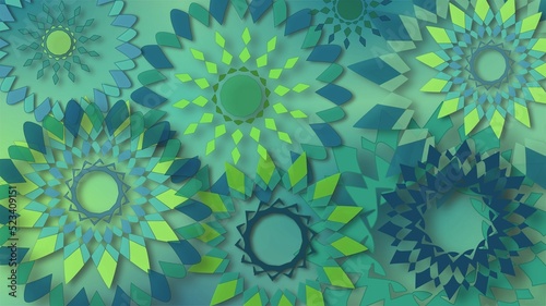 Abstract illustration with blue and green geometric star-flower elements on a gradient background