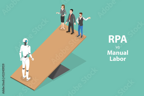 3D Isometric Flat Vector Conceptual Illustration of RPA Vs Manual Labor, Robotic Process Automatisation