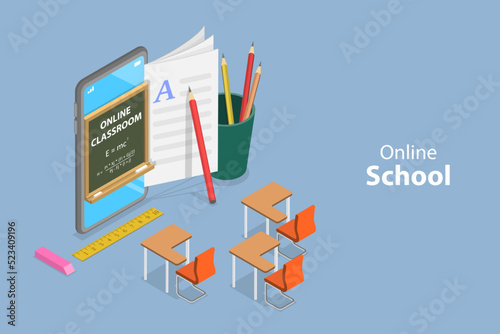 3D Isometric Flat Vector Conceptual Illustration of Online School, Mobile Application for Digital Education