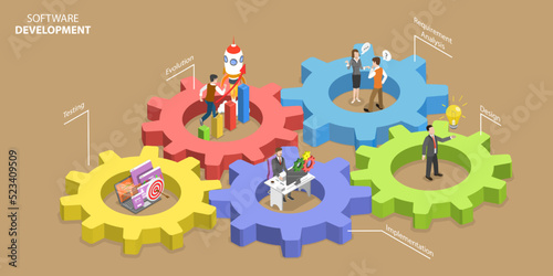 3D Isometric Flat Vector Conceptual Illustration of Software Development, Application Development Life Cycle