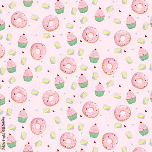 Pink pattern with sweets. Pattern with cupcakes, donuts and marshmallow