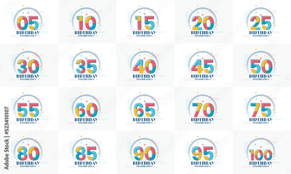 Birthday Logo Bundle. Set of modern Birthday celebration logos. 5th, 10th, 15th, 20th, 25th, 30th, 35th, 40th, 45th, 50th, 55th, 60th birthday celebration logo bundle Birthday Logo Bundle. Set of modern Birthday celebration logos. 5th, 10th, 15th, 20th, 25th, 30th, 35th, 40th, 45th, 50th, 55th, 60th birthday celebration logo bundle