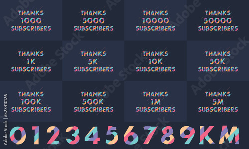 Thanks Subscribers Greeting card bundle. Thanks 1000, 1k, 10000, 10k, 50k, 1M, 5M Subscribers celebration social media bundle design.