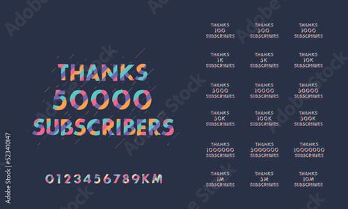 Thanks Subscribers Greeting card bundle. Thanks 1000, 1k, 10000, 10k, 50k, 1M, 5M Subscribers celebration social media bundle design.