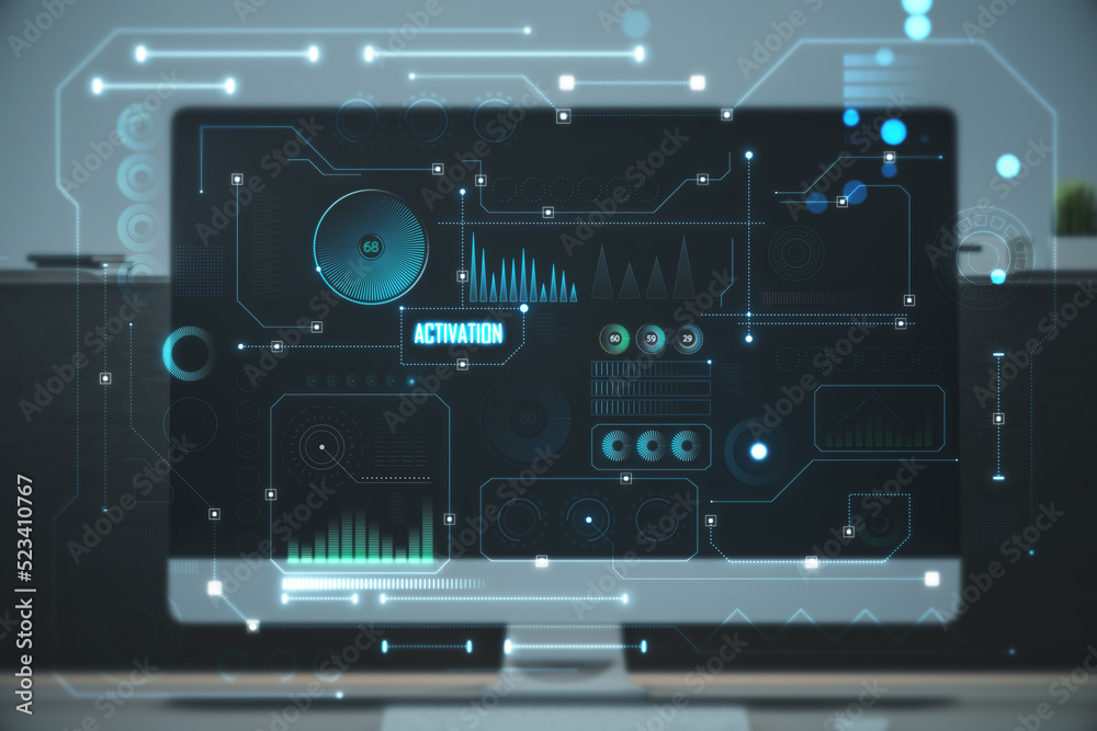 Close up of large computer monitor on workplace with abstract glowing dark digital business interface with various icons. Diagnistics, activation and tech data anlysis concept. Double exposure. Close up of large computer monitor on workplace with abstract glowing dark digital business interface with various icons. Diagnistics, activation and tech data anlysis concept. Double exposure.