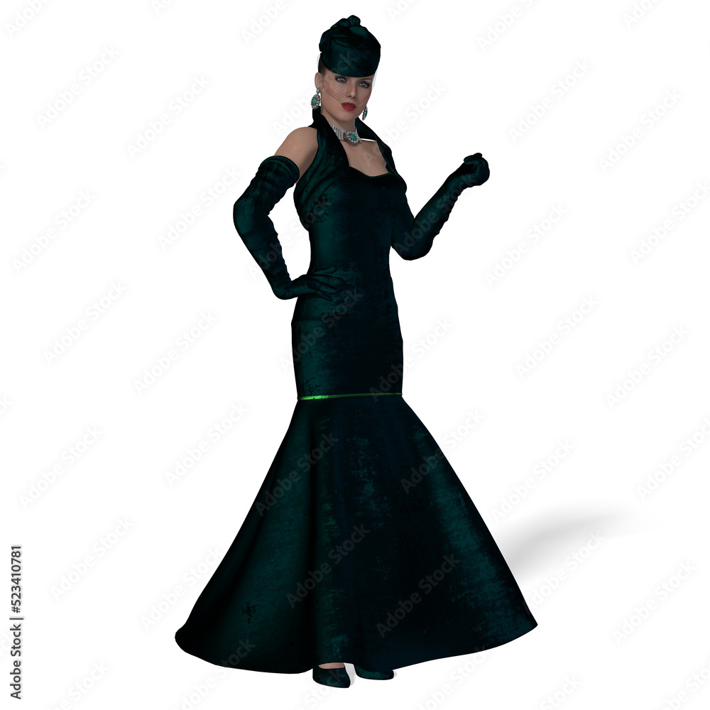 Fototapeta premium Dark Green Gown - During the 1940s and 1950s long evening gloves were in fashion with statement jewelry and long gowns.