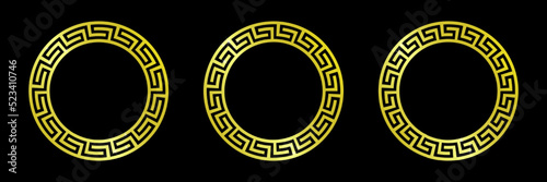 Golden greek circle frames set. Vintage ornaments on black background.
