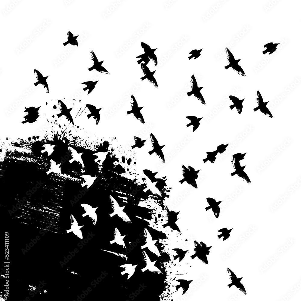 Background with flying birds and black blot. Vector illustration