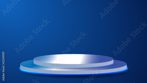 Table, podium, presentation monitor. Portal and hologram futuristic Neon color circle elements.