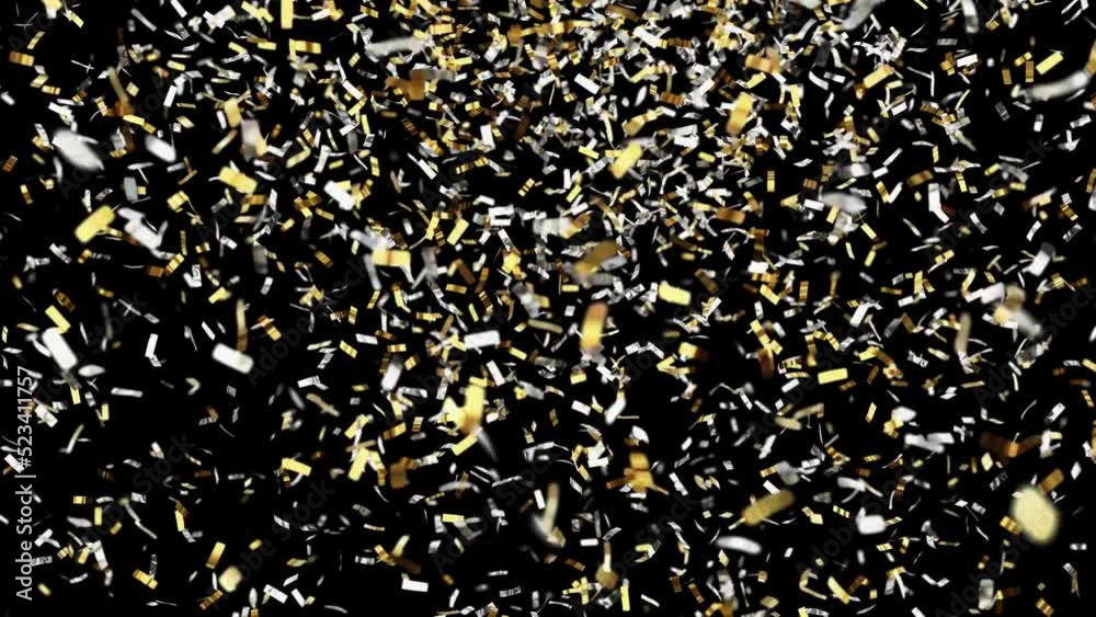 Realistic DOF camera looping 3D animation of the beautiful golden and silver metallic glittering confetti falling from the top rendered in UHD with alpha matte. Realistic DOF camera looping 3D animation of the beautiful golden and silver metallic glittering confetti falling from the top rendered in UHD with alpha matte.