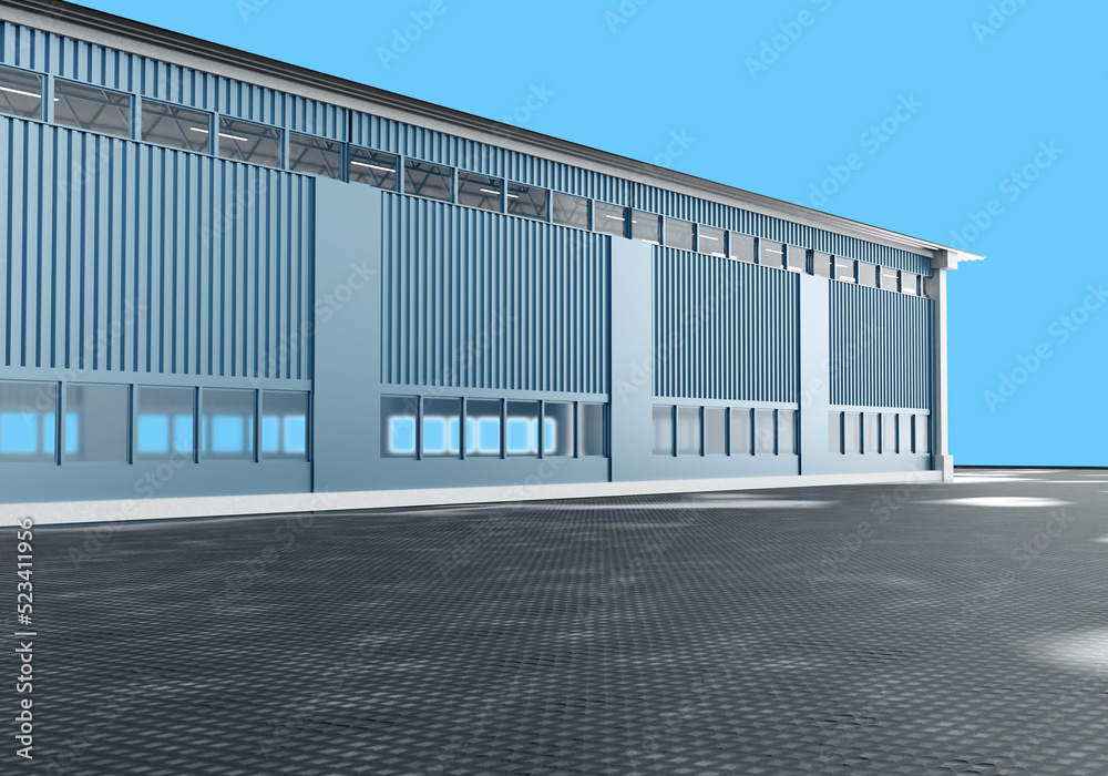 Warehouse building. Long warehouse building without anyone. Long term storage building. Visualization of Hangar with turquoise sky. Warehouse rental concept. Architectural modeling. 3d image. Warehouse building. Long warehouse building without anyone. Long term storage building. Visualization of Hangar with turquoise sky. Warehouse rental concept. Architectural modeling. 3d image.