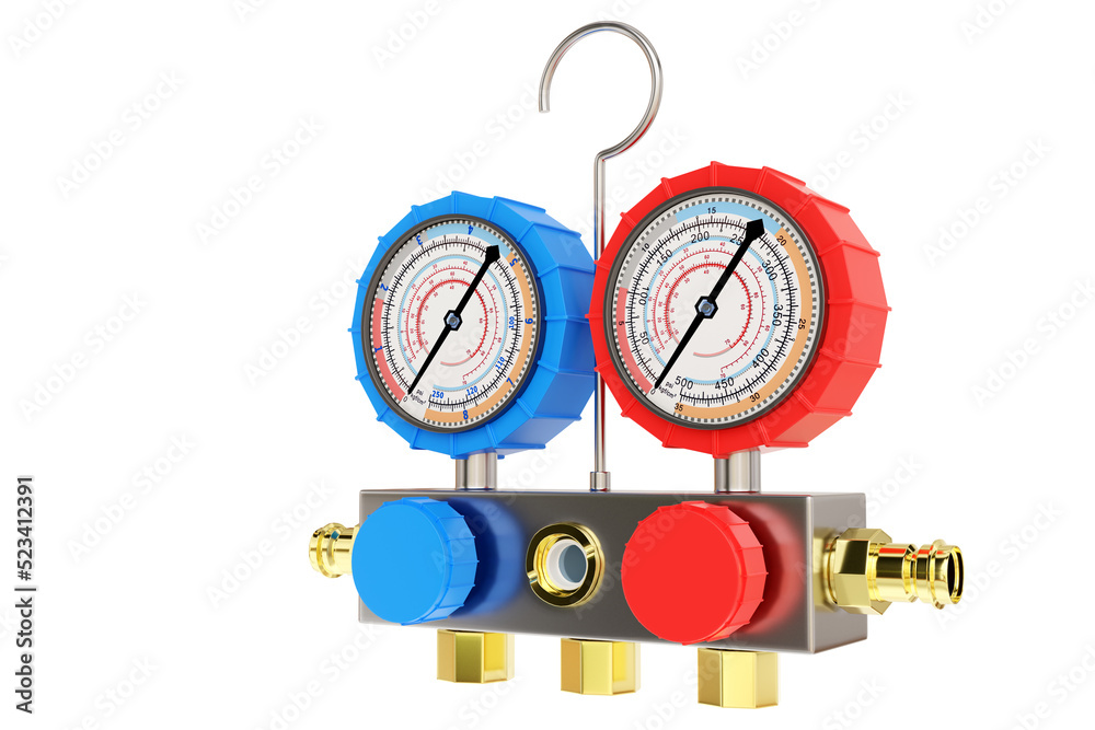 Air conditioning equipment. Freon pressure sensors. Air conditioner monometers on white. Spare parts for climate control. Freon presence indicator detector. Air conditioning technology. 3d rendering. Air conditioning equipment. Freon pressure sensors. Air conditioner monometers on white. Spare parts for climate control. Freon presence indicator detector. Air conditioning technology. 3d rendering.