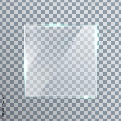 Square glass texture. Bright mirror panel. Glossy screen effect. Plastic plate mockup. Digital frame. Clear button. Window tag and badge. Shiny framework. Light rectangle banner. Vector illustration