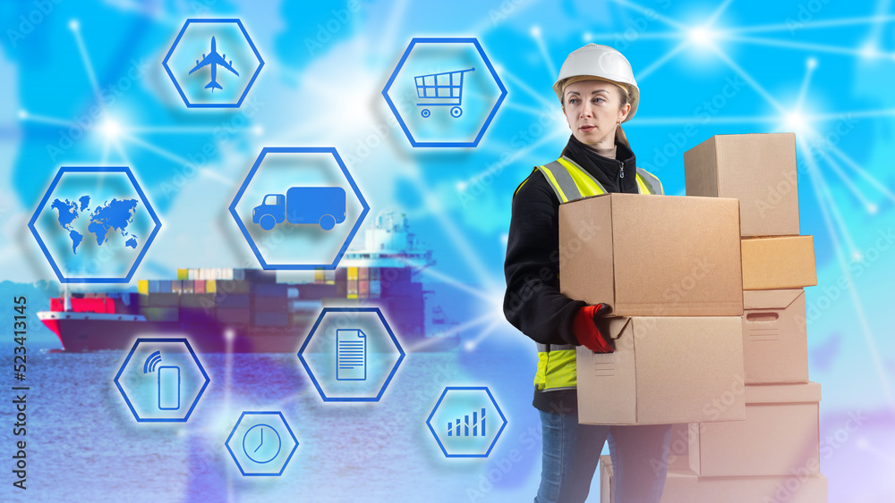 Maritime logistics. Woman with boxes. Girl in front sea vessel