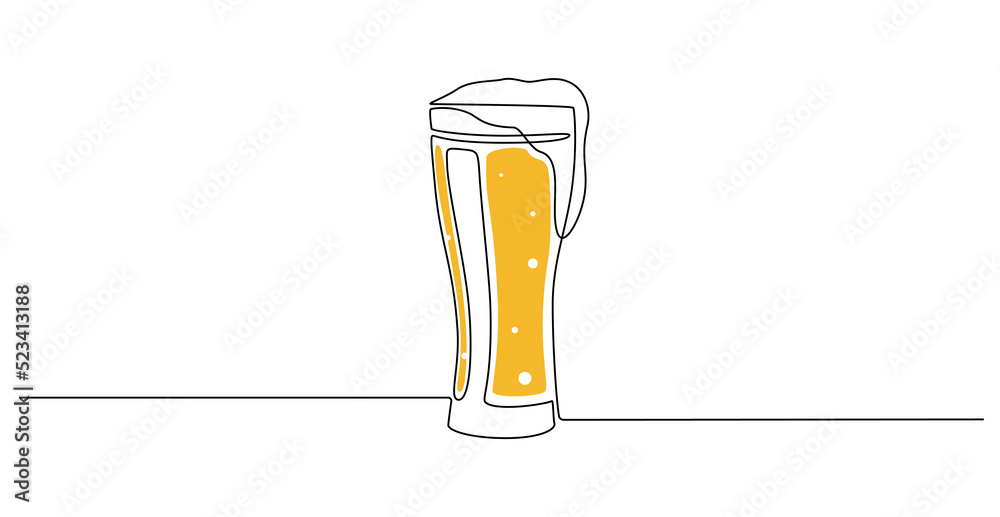Continuous one line drawing of beer glass with foam. Craft drink