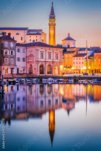 Piran, Slovenia - Marina twilight view with Tartini Square.