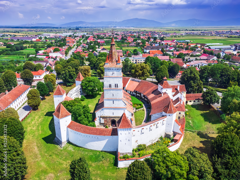 Transylvania, Romania. Harman fortified church aerial view.