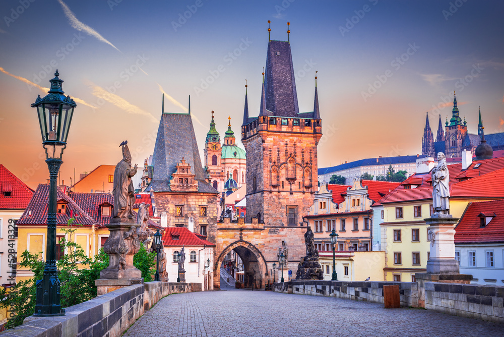 Prague, Czech Republic - Carol bridge and Mala Strana at sunrise Prague, Czech Republic - Carol bridge and Mala Strana at sunrise