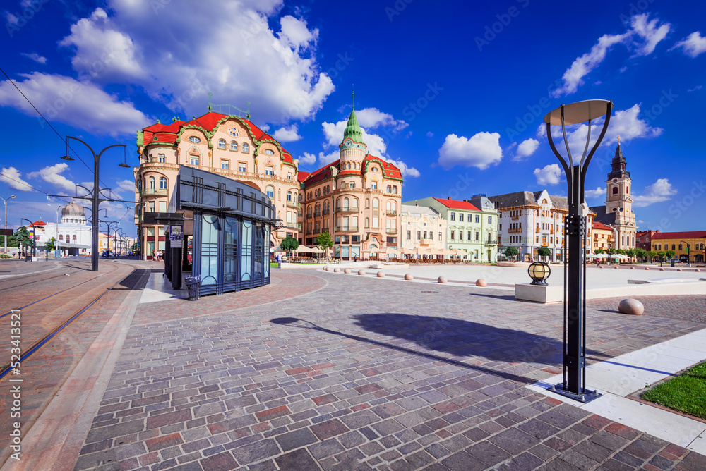 Oradea, Romania. Union baroque Square in downtown, historical Crisana.