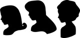Vector. Silueta de retratos de perfil de tres mujeres diversas juntas tipo cartoon. Ilustración negra sobre fondo blanco.
