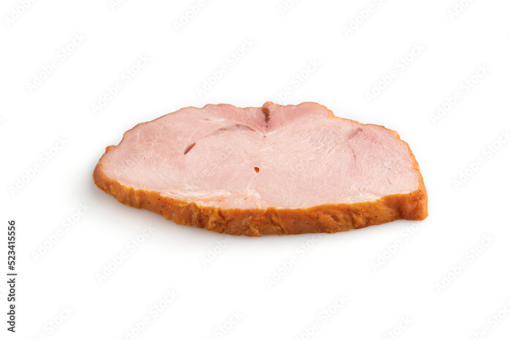 Smoked pork ham isolated on white background. Side view. Smoked pork ham isolated on white background. Side view.