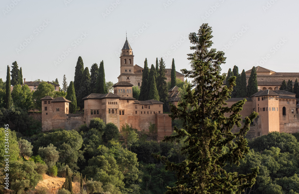 The ancient arabic fortress Alhambra at beautiful evening time, Granada, Spain. A European travel landmark and most visited monument in all of Spain	