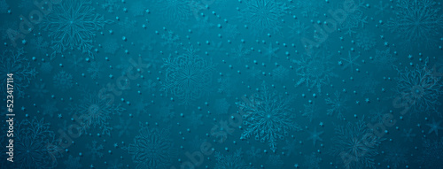 Background of complex big and small Christmas snowflakes in blue colors. Winter illustration with falling snow