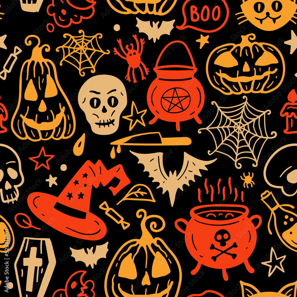 Bright seamless pattern of horror Halloween hand drawn doodle elements. Halloween background of magic elements. Pumpkins, ghost, skull, black cat, pot, hat.