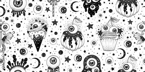 Eye halloween pattern. Eyeball monster background. Cute scary goth, zombie seamless print. Evil blood candy for kid. Alien dark crazy eyeball cartoon. Horror fun dessert. Halloween psychedelic pattern