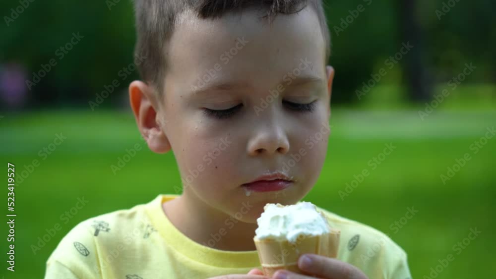 Caucasian boy eats ice cream on a sunny summer day under the trees in the park to satisfy his hunger and cool off. The boy eats delicious ice cream in the park among the green trees in the background Caucasian boy eats ice cream on a sunny summer day under the trees in the park to satisfy his hunger and cool off. The boy eats delicious ice cream in the park among the green trees in the background