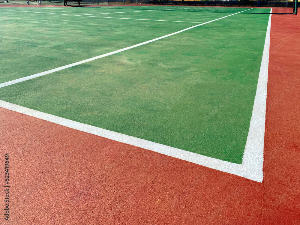 red clay tennis green court net lines play ball playing score scoring line bounds corner
