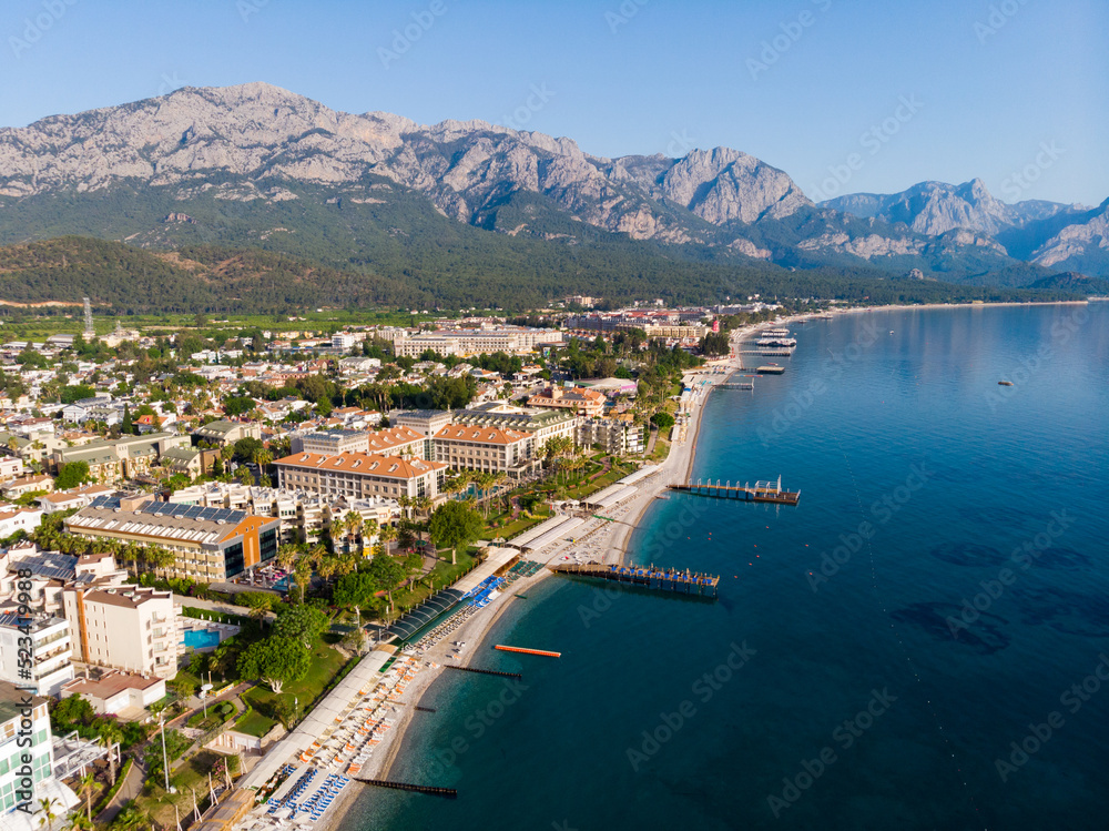 Fototapeta premium Bird's eye view of seaside town Kemer, Antalya Province, Mediterranean coast of Turkey.