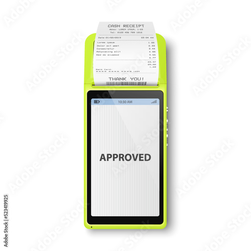 Vector 3d NFC Payment Machine, Approved Status and Paper Check, Receipt Isolated. Wi-fi, Wireless Payment. POS Terminal, Machine Design Template of Bank Payment Contactless Terminal, Mockup. Top VIew