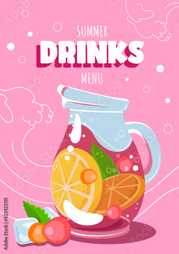Glass jar with sangria on pink background with lemon, orange, berries and leaves of mint. Summer fresh bubbly drinks menu. Waves banner for cafe