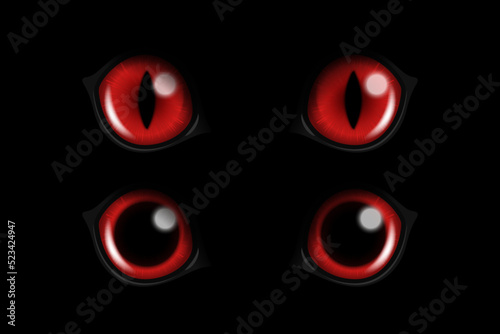 Vector 3d Realistic Red Round Glowing Cats Eyes of a Black Cat Set. Cat Look in the Dark Black Background Closeup. Glowing Cat or Panther Eyes