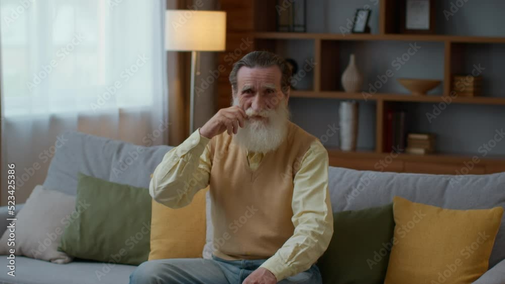 Handsome senior bearded gentleman resting on sofa at home, smiling to camera and fixing his moustache, free space Handsome senior bearded gentleman resting on sofa at home, smiling to camera and fixing his moustache, free space