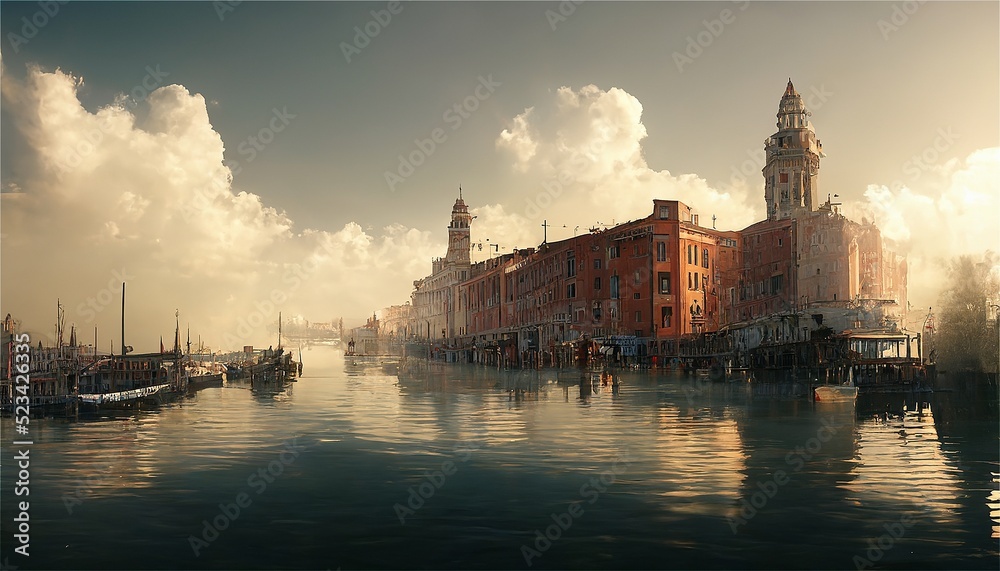 Fototapeta premium イラスト 絵画 水上都市 街 水路 運河