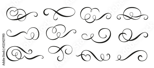 Vintage swirl ornament, linear flourish set. Filigree calligraphic separator curls. Decorative retro design elements for menu, certificate diploma, wedding invatation card, outline text divider
