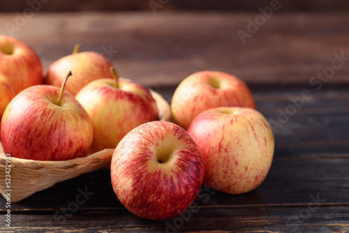 Red apple fruit on wooden background  Healthy fruit
