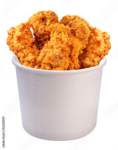 Spicy fried chicken in paper bucket isolated on white background, Fried chicken png file.