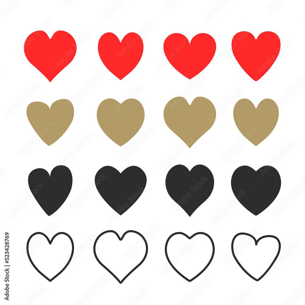 Heart icons. Red hearts,  gold and black colors. Solid and outline shapes. Flat and line design. Vector heart symbols set isolated on white background