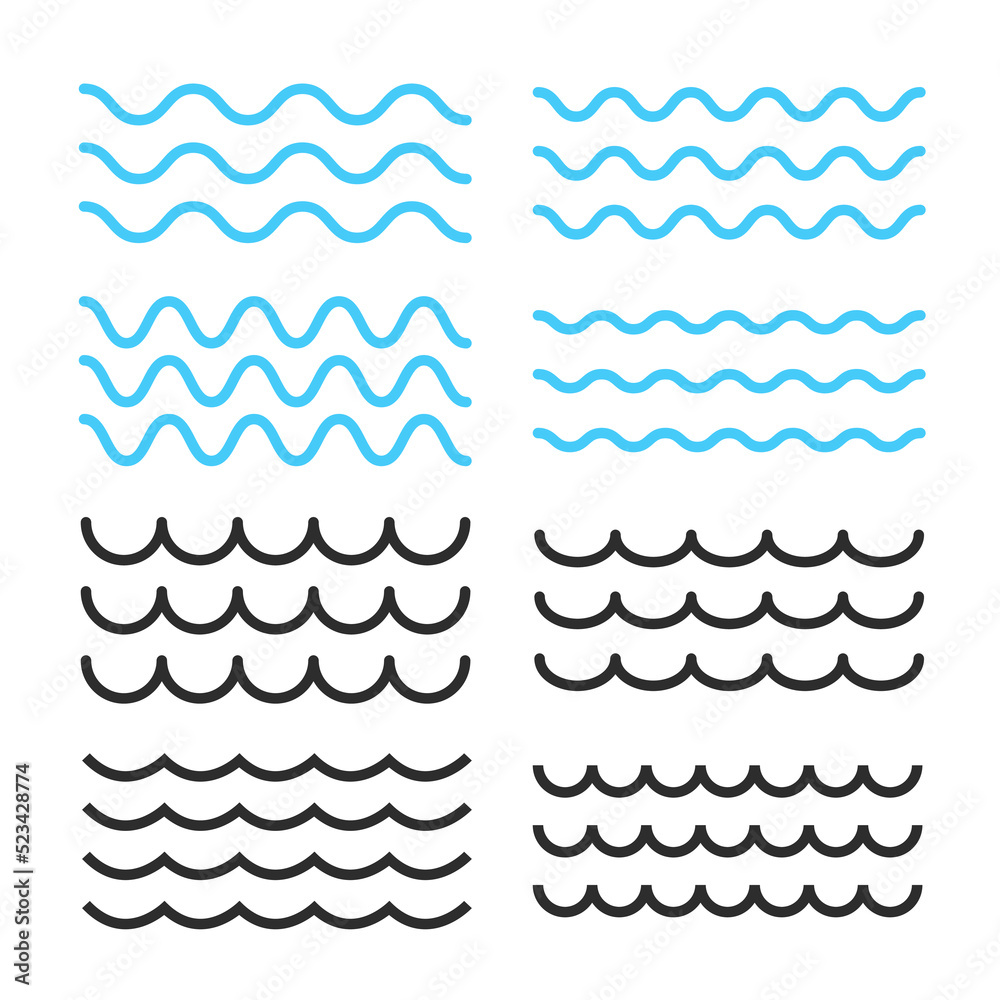 Vector waves. Line icons. Black and blue water waves set