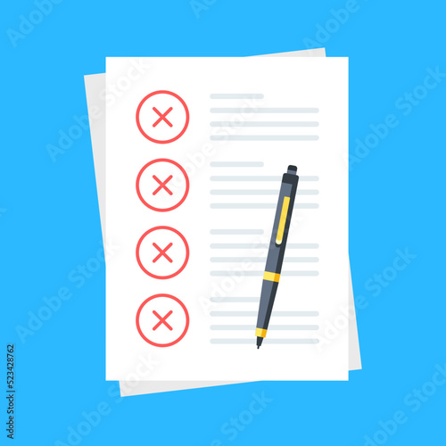 Checklist with cross marks. Check list with red x marks. Vector illustration