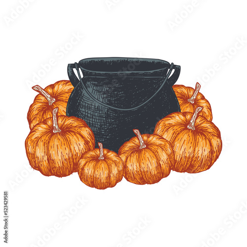 Witch Cauldron with Pumpkins | Farmhouse | EPS10