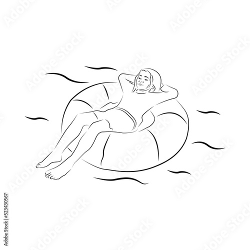 line art of a child on a tire in a river. simple sketch. cartoon.