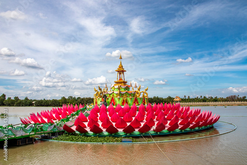 Chachoengsao Thailand 9th Jun 2022: the floating lotus shrine in Wat Saman Rattanaram, which is famous for image of bright pink Ganesha. photo