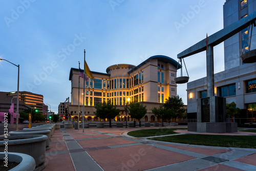 Street view at the Bernalillo County Courthouse in dusk in downtown  photo