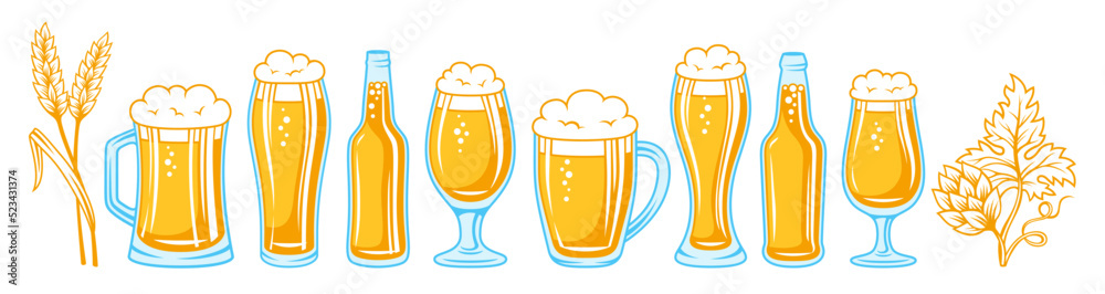 Beer bottle or glass, mugs retro set. Hop and wheat ear and alcohol lager ale. Brewery, bar, pub beer festival, vintage Oktoberfest engraving. Design poster or restaurant menu, invitation party vector Beer bottle or glass, mugs retro set. Hop and wheat ear and alcohol lager ale. Brewery, bar, pub beer festival, vintage Oktoberfest engraving. Design poster or restaurant menu, invitation party vector